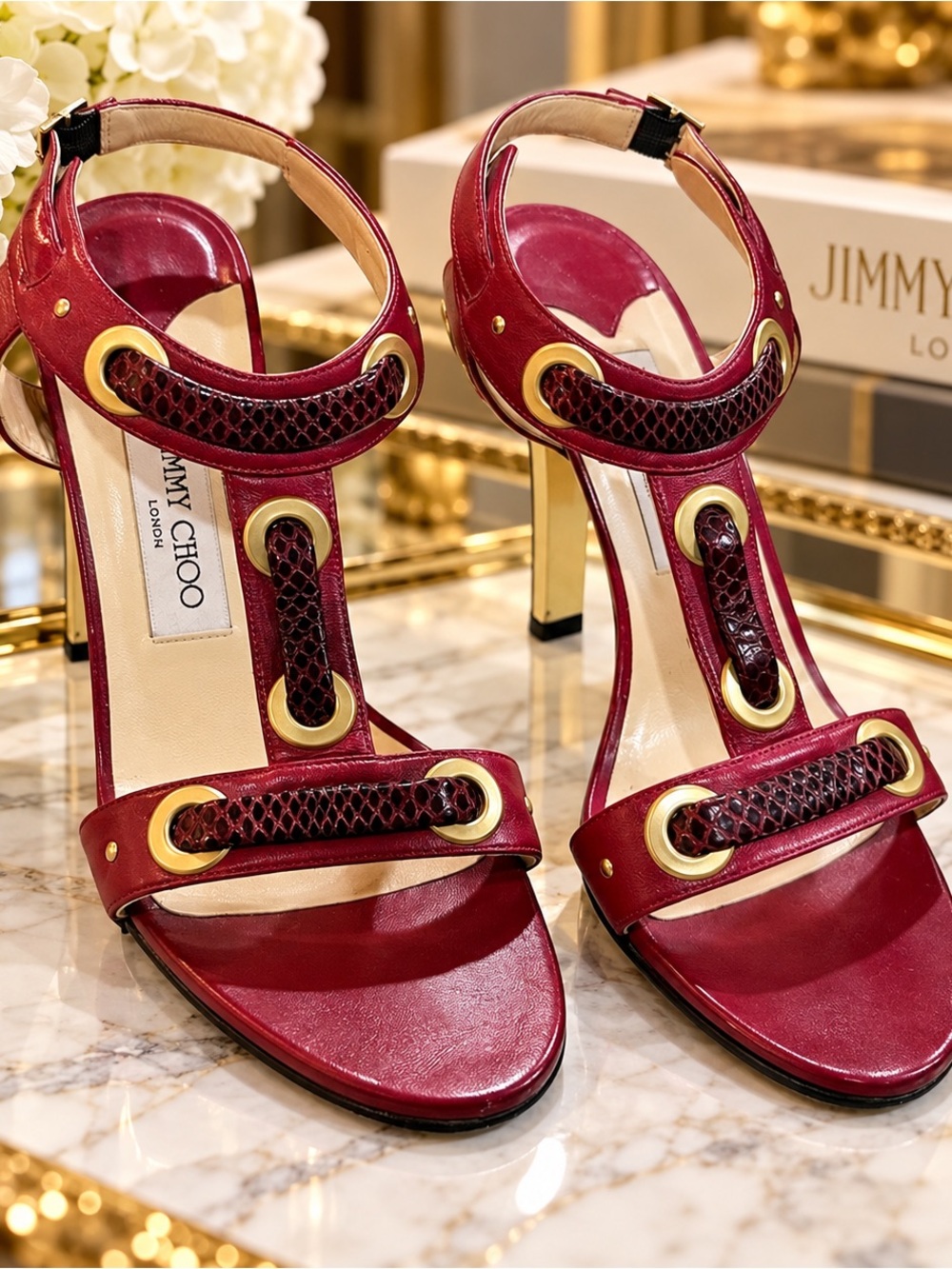 Jimmy Choo Burgundy and Gold Leather T-Strap High Heels